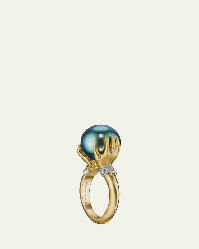 Tahitian Pearl Adorned Hands Ring in 18k Yellow Gold